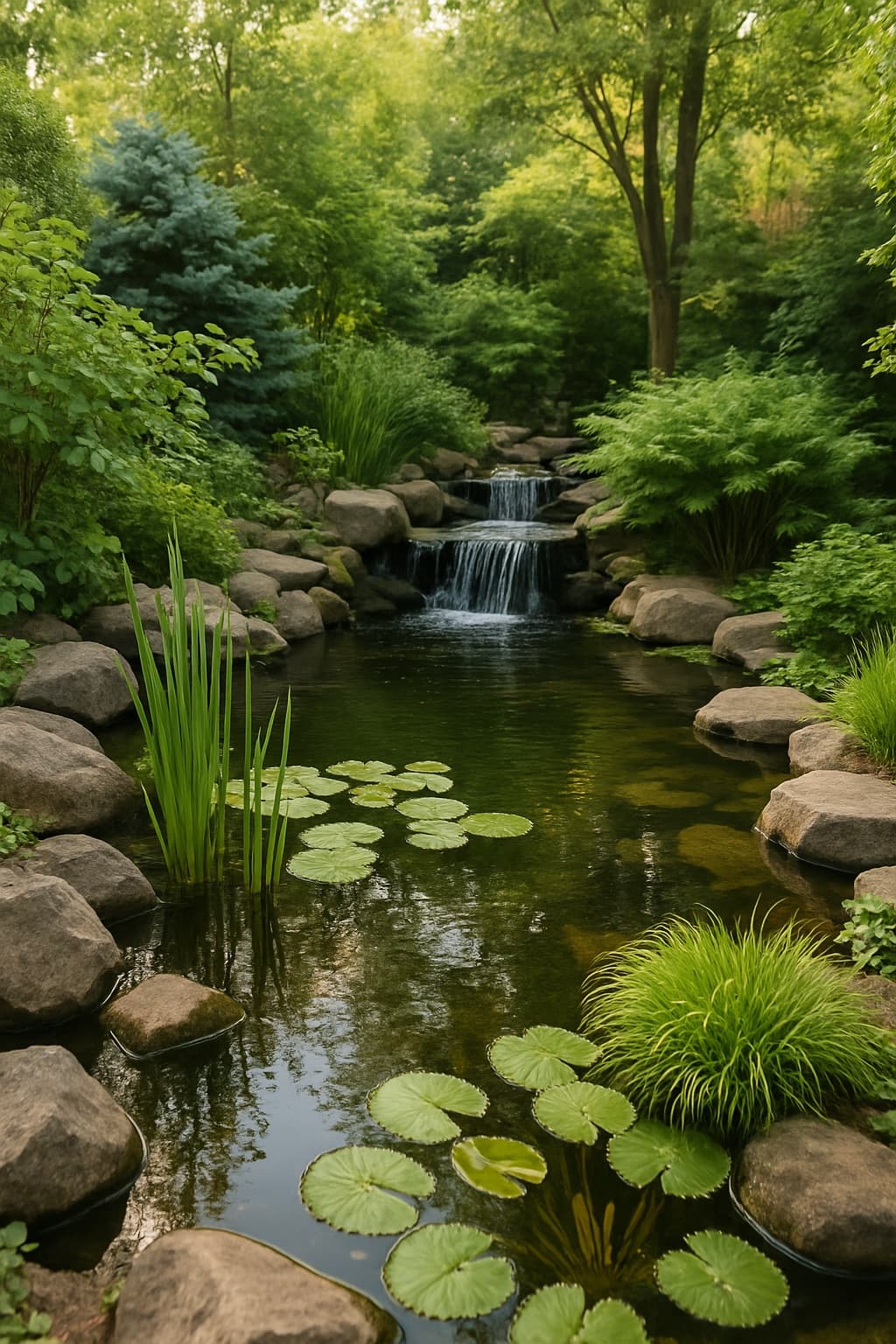 Estanque natural con cascada y plantas