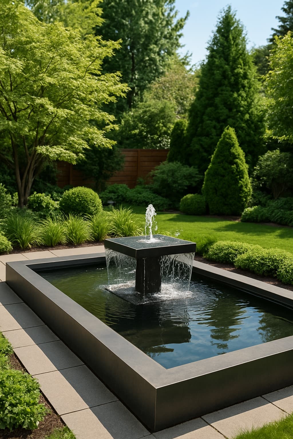 Fuente de agua moderna con espejo de agua