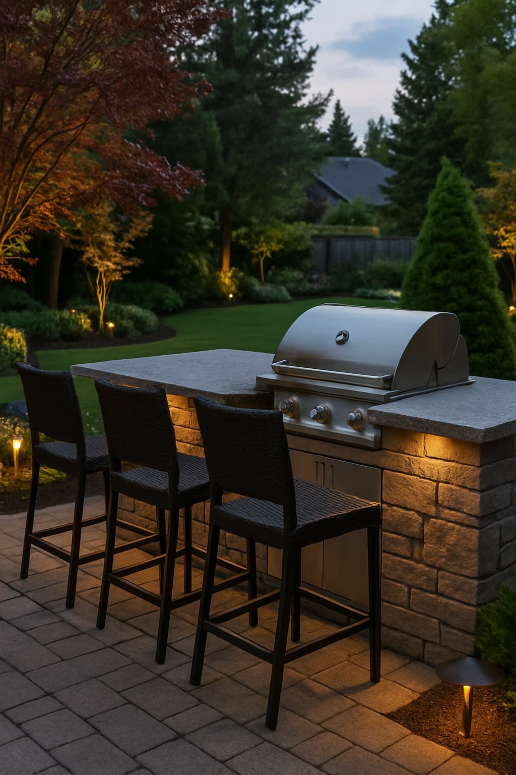 Cocina exterior con barra y parrilla