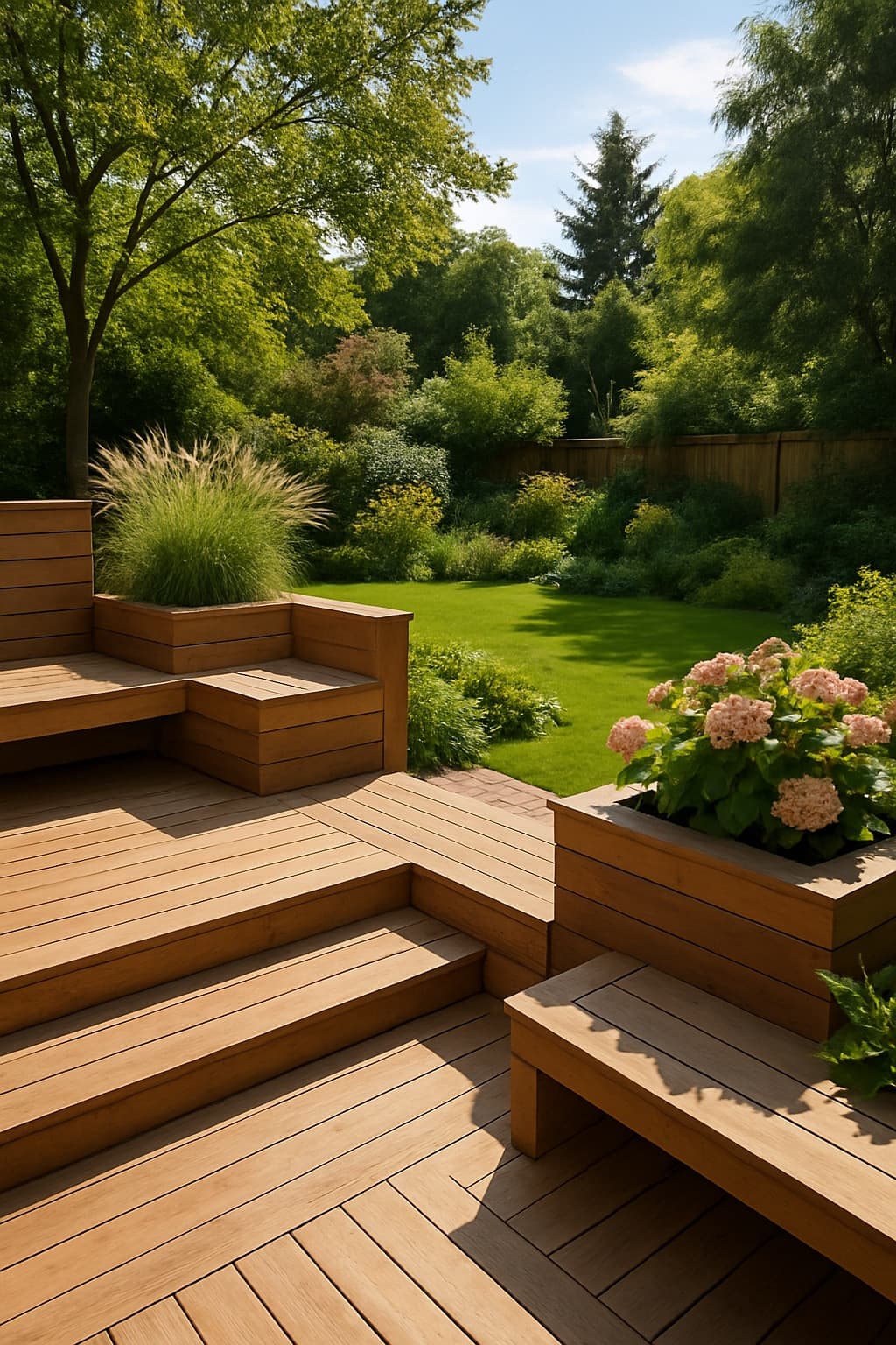 Deck multinivel con bancas y jardineras