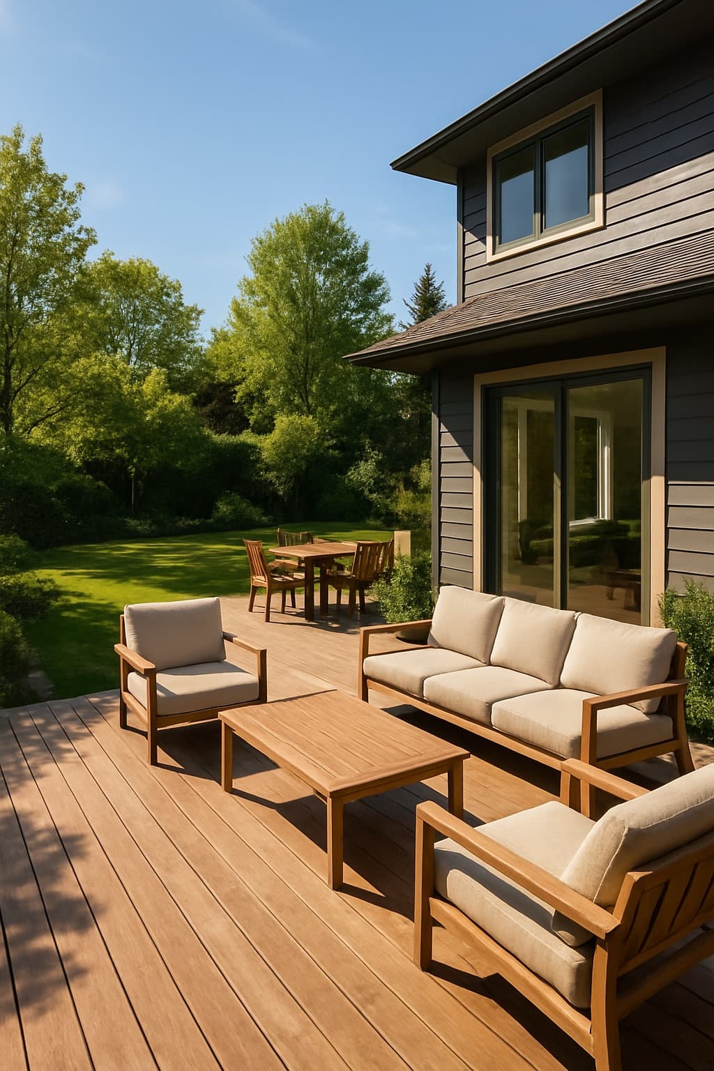 Deck y terraza de madera con vista al jardín
