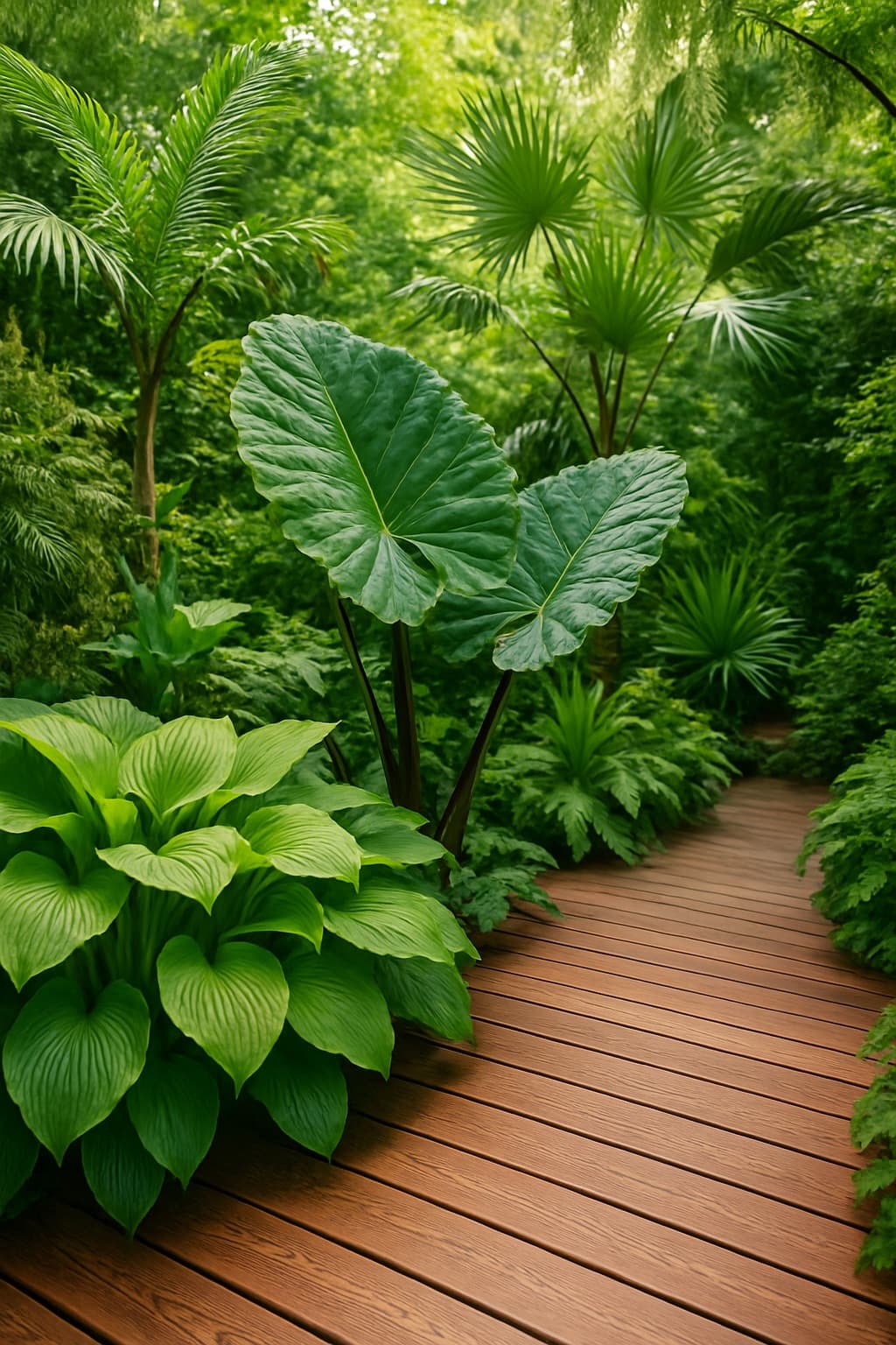 Jardín tropical exuberante con palmas
