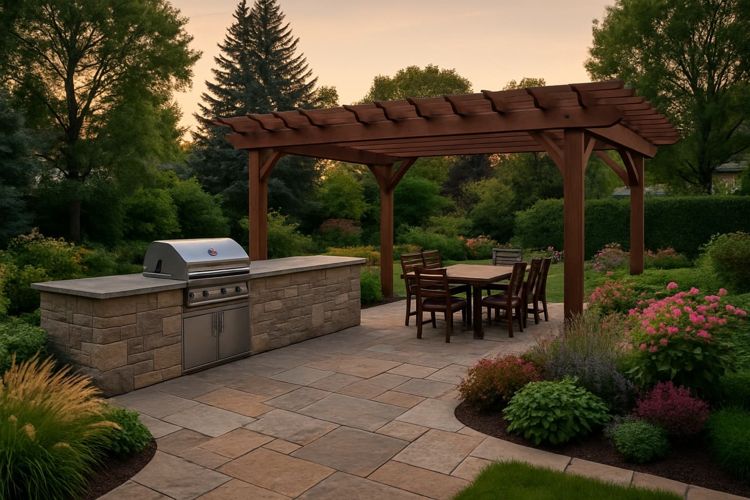 Cocina exterior con pérgola y comedor
