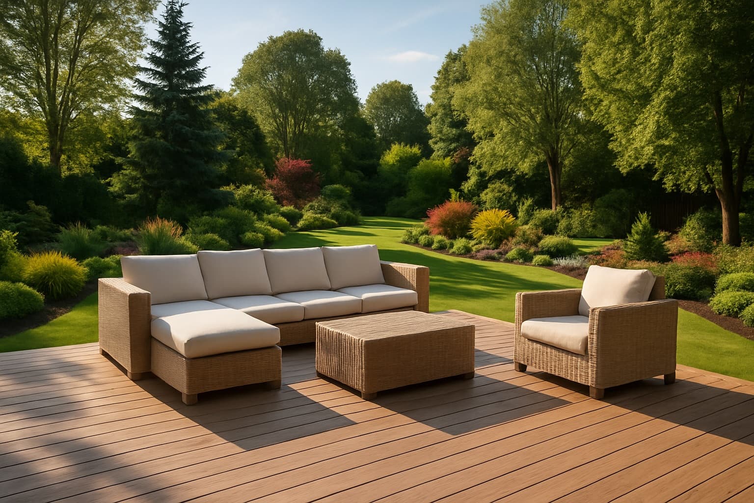 Deck amplio con sofá y vista al jardín