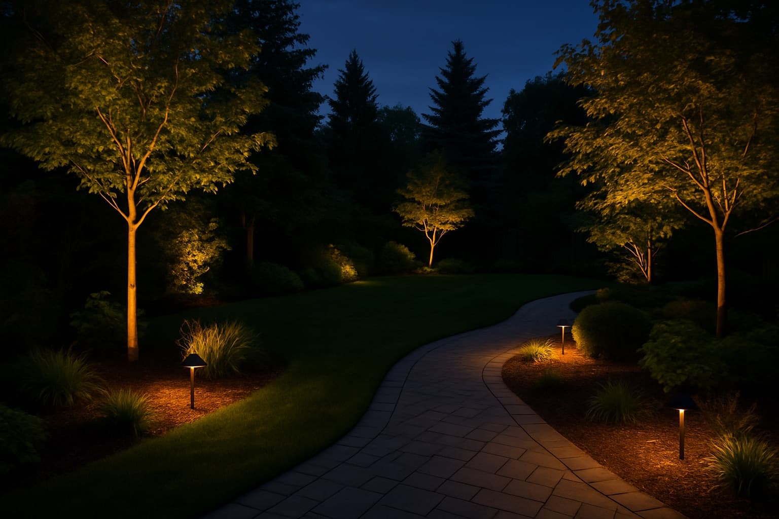 Jardín iluminado de noche