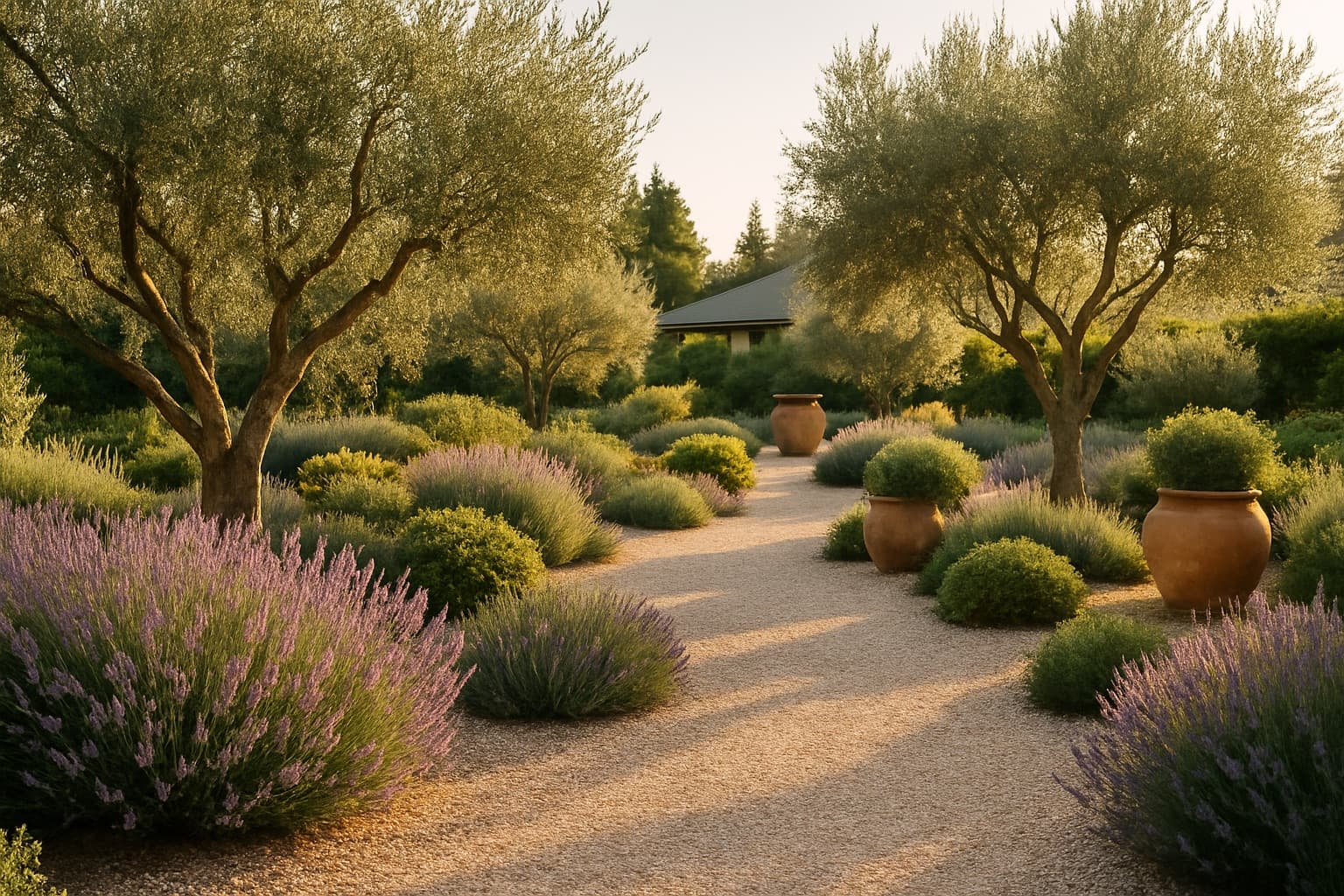 Jardín mediterráneo con olivos