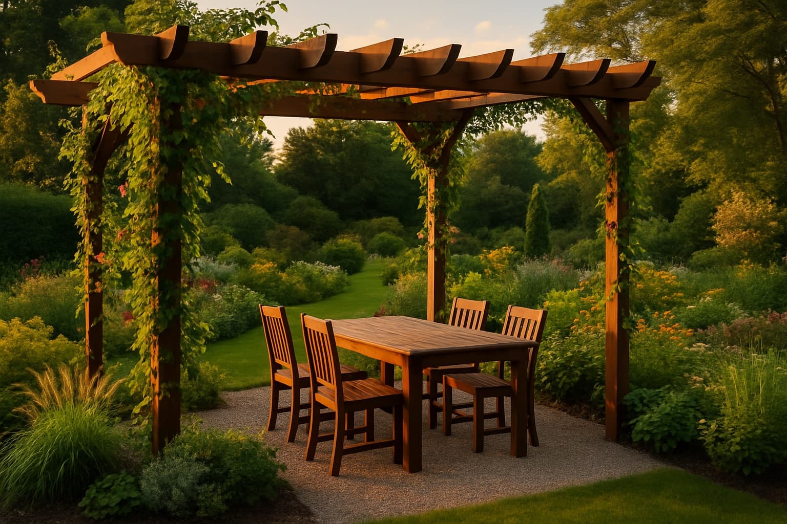 Pérgola con comedor y vista al jardín