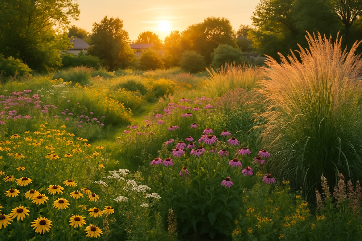 Pradera de flores nativas y gramíneas