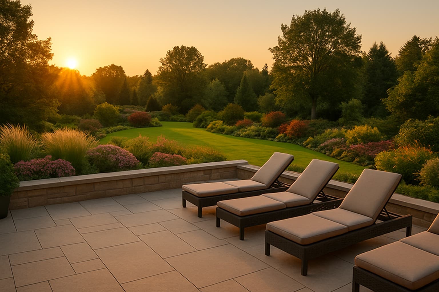 Terraza con tumbonas al atardecer