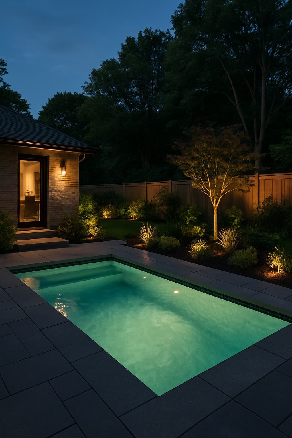 Iluminación de piscina y jardín de noche