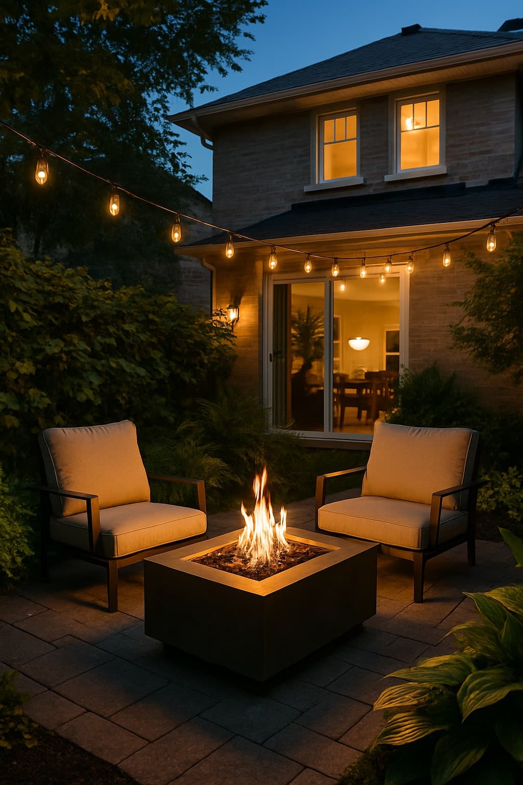 Patio con fogata para noches frías en Canadá