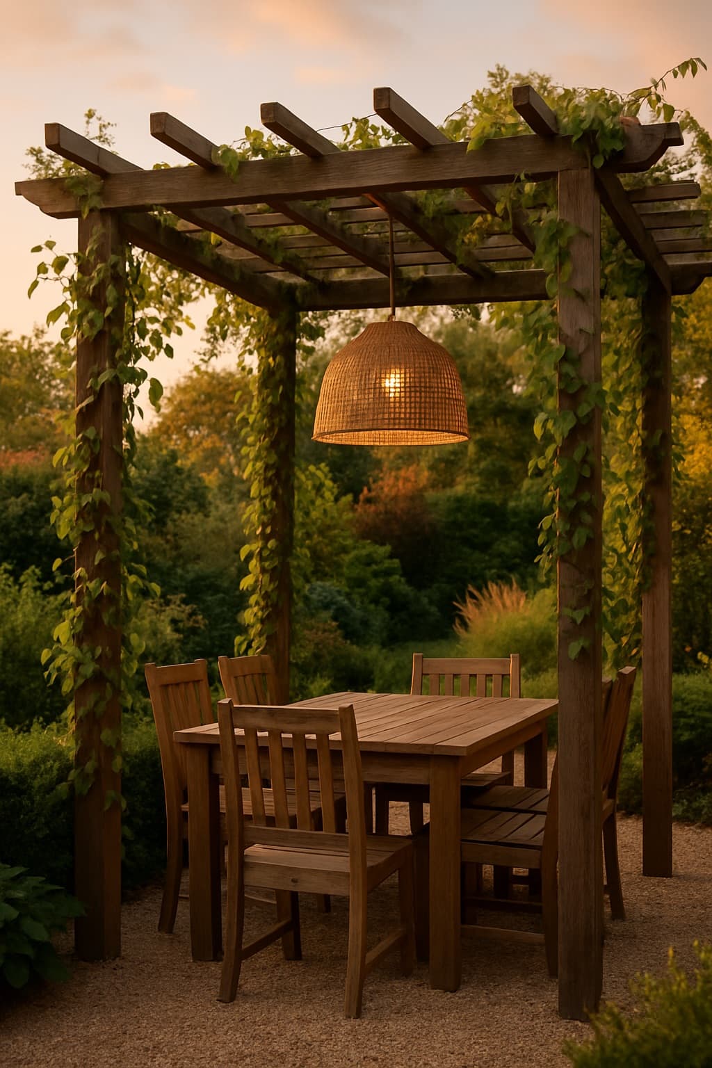 Pérgola con comedor exterior e iluminación cálida