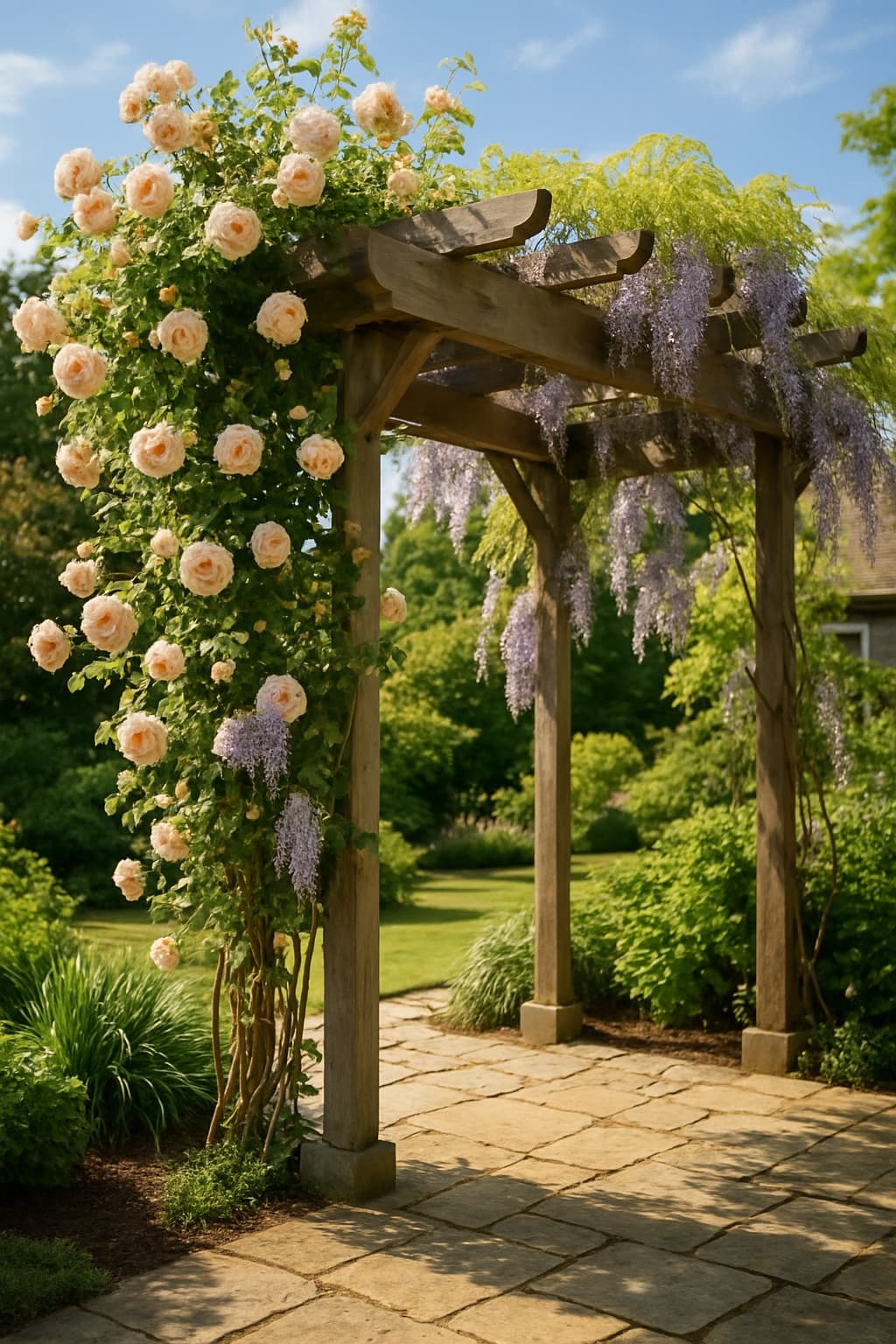 Pérgola con rosas y glicinas trepadoras