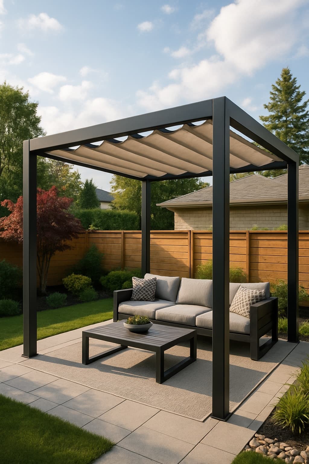 Pérgola de metal moderna con techo retráctil
