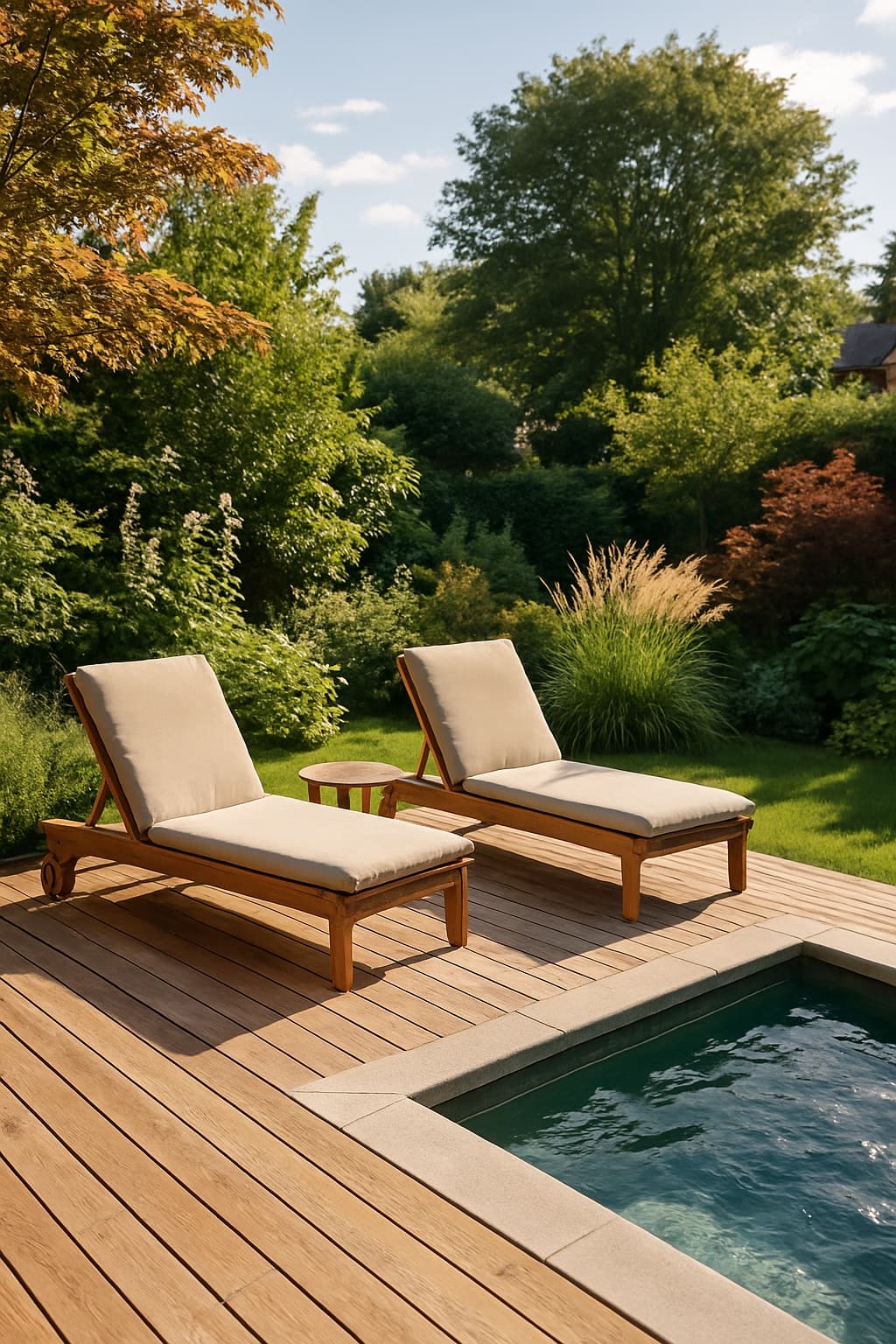 Terraza de madera junto a una piscina