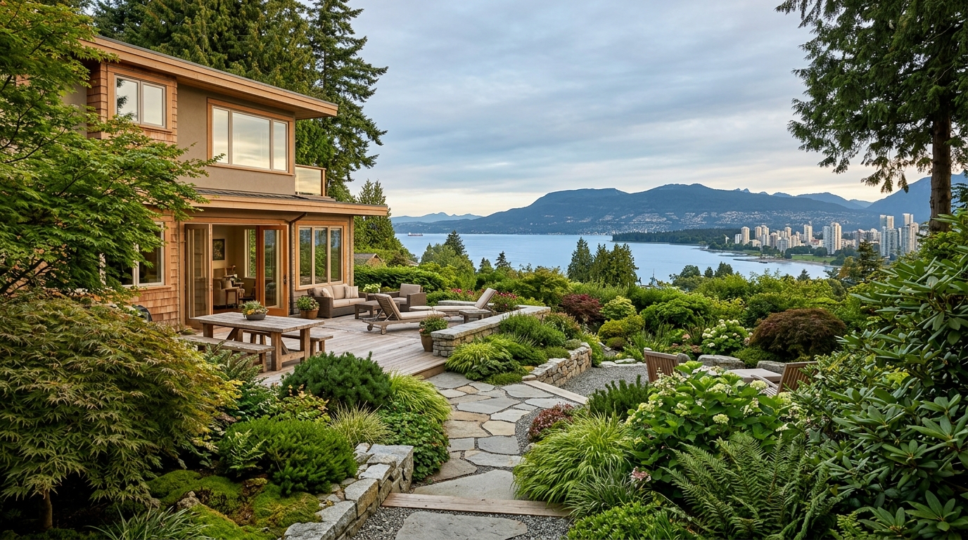 Jardín con vista a la bahía de Vancouver